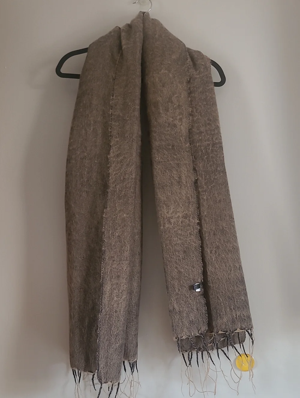100% Wool Brown Gray Fringed Blanket Scarf Brushed Neutral Minimalist 76X33